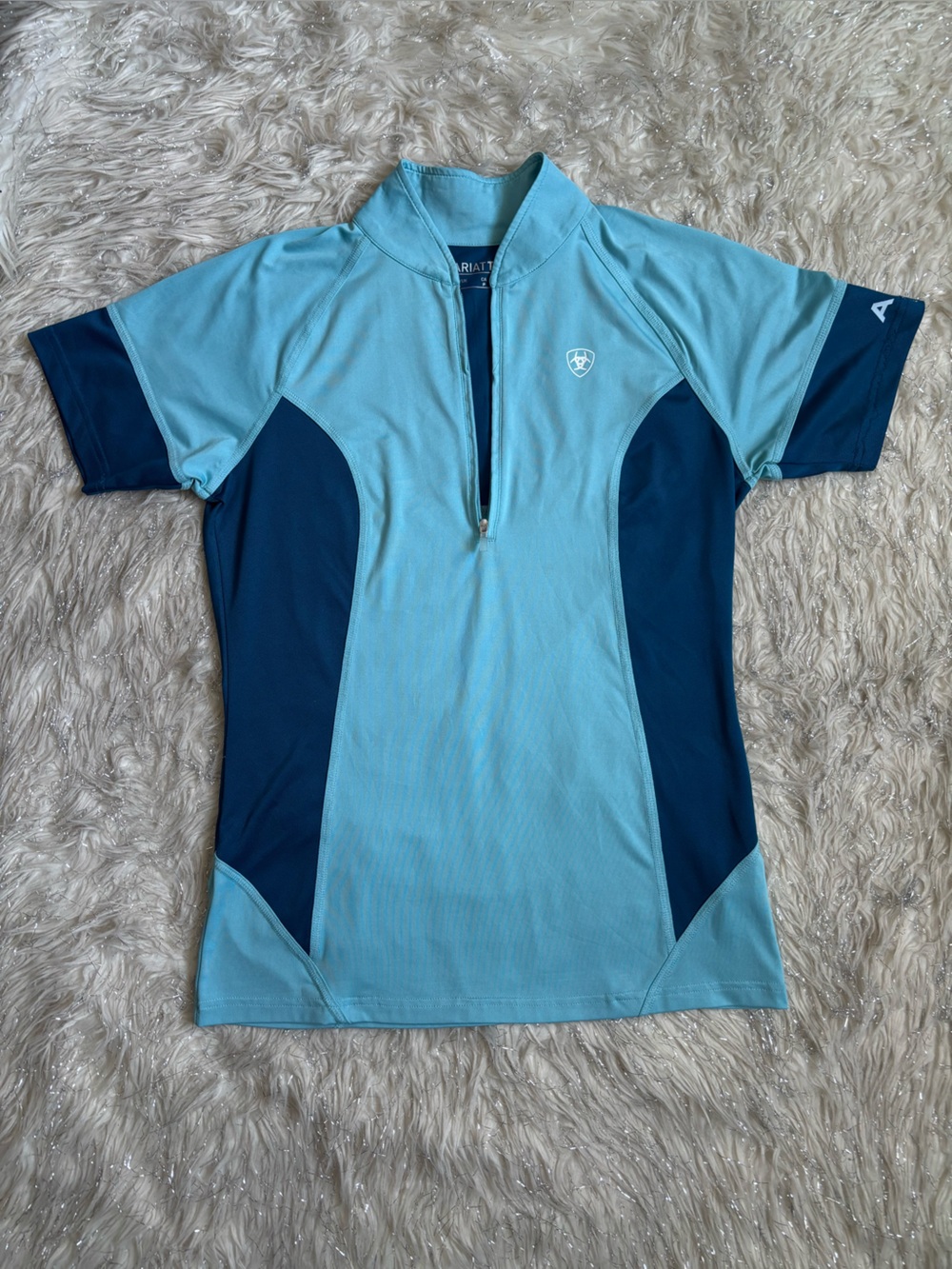 Ariat Light Blue/ Navy Women’s Cambria 1/4 Zip Short Sleeve Jersey Shirt Size S